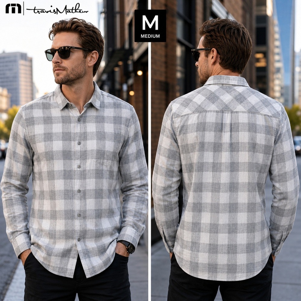 TravisMathew Mens Grey White Buffalo Plaid Cotton Button Down Shirt Size M 76485